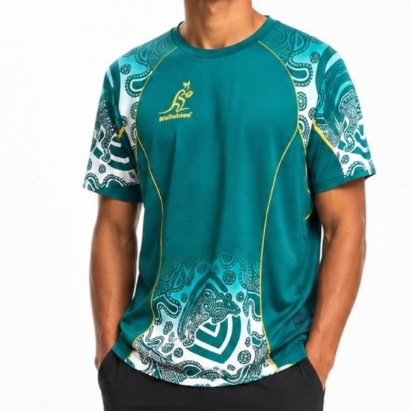 Wallabies Other - Wallabies Australia Rugby Indigenous Art Training Jersey Green Teal Mens XL